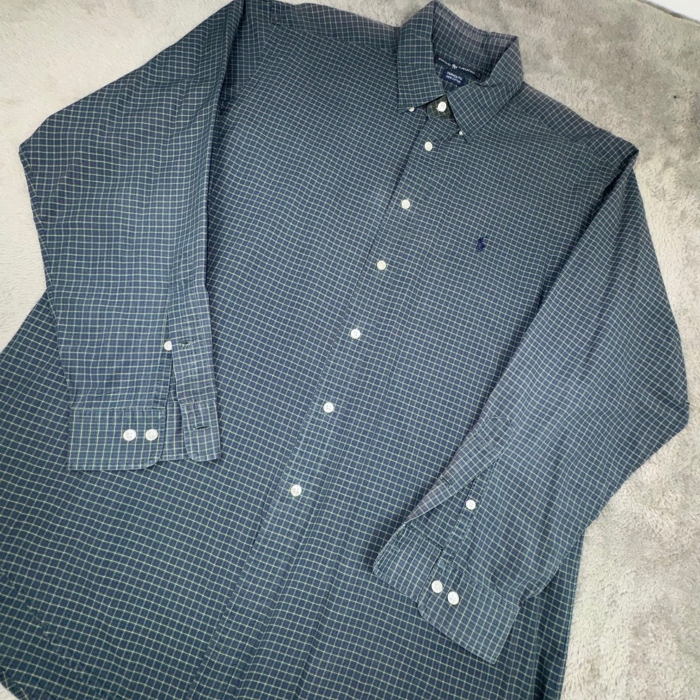 Ralph Lauren Yarmouth Shirt Mens 16.5 34/35 Blue Green Check Cotton Button Up